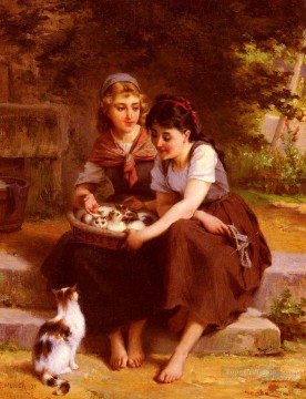 Deux Filles Avec Un Panier De Chatons Emile Munier Peinture à l'huile